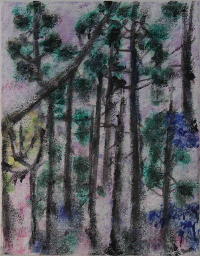Les pins et hortensias bleus